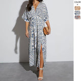 Fongt Women's Spring-Summer Printing Long-Sleeved Print V-Neck Dress Women