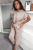 Tracksuits Set Lounge Wear Short Sleeve Tops Long Pants 2pcs Women Sweat Suits Elastic Waist Casual Solid 2020