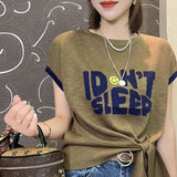 Sleeve Casual Broken Flowers Letter Printed Pullovers Women's Clothing Stylish Bandage Bow Summer O-Neck Spliced T-shirt-Outfit