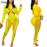 Sheer Mesh Patchwork Hollow Out Jumpsuit Women Sexy Twist Straps Mock Neck Long Sleeve Skinny Overalls Slim Club