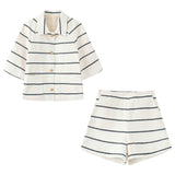 Fongt Women's Explosive Stripes Bumpy Round-Neck Long-Sleeved Knitted Double-Shirted Shorts Set