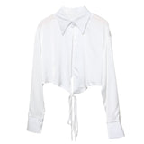 French Style With Short V-Neck Shirt Spring Sleeve Polo Collar Navel Navel Dress Top Female