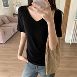 White V-Collar Casual Short-Sleeved T-Shirt Women's New Summer Design Niche Shoulder