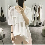 Womens T Shirts Summer Trendy Slit T-shirt Casual Loose Thin Short Sleeve Tops Korean Rolled Edge Front Short Back Long