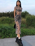 Short Sleeve Daisies Print Mesh See-Through Sexy Maxi Dress Summer Women Fashion Streetwear Outfit