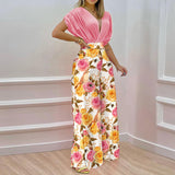 Fongt Women's Fall New Temperament V-Neck Print Wide-Leg Pants Fashion Casual Suit
