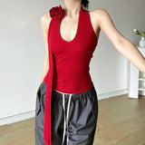 2024 Summer New Women's Solid Color Hanging Neck Three-Dimensional Flower Vest High-Waist Loose Straight