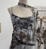 Spice Girls Newspaper Tie-Dye Printing Net Waste Vest Irregular Rope Ribbon