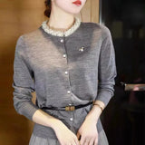 Fongt Gray Round Collar Long Sleeve Knit Cardigan Small Jacket-Outfit