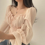 Vintage Lace-Up Square-Neck Puff Sleeve Blouse-Outfit