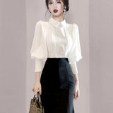Women's Blouse Fashion White OL Shirt Summer Puff Sleeve Top Elegant Spring Female Clothing Turn-down