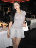 Short Sleeve Collar Ribbed MIni Dress-Outfit