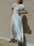 Fongt 2025 New Temperament Elegant Square Tie With Belt Print Bubble Sleeve High-End Long Dress