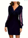 Fongt Women's New Mesh Patchwork Sexy Vintage Elegant V-Neck Party Club Dress-Outfit