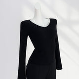 Fongt Temperament Commuter Black V Neck Nail Bead Sweater Women's New Early Spring Horn Sleeve Slim Long Sleeve Jacket-Outfit