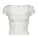 Girl Fresh And Pure Color T-Shirt Ins Trend Lace Lace Stitching Square Collar Summer Blouse-Outfit