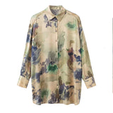 Women Fashion Soft Touch Printed Oversized Shirts Vintage Long Sleeve Front Covered Buttons Female Blouses Chic
