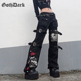 Dark Punk Grunge Gothic Patchwork Black Cargo Jeans Emo Aesthetic Women Autumn Techwear Pants Harajuku Printed