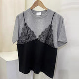 Two Piece Ropa Mujer Contrast Lace Patchwork Tops Loose T Shirt Short Sleeve Camisetas Summer Round Neck Clothes Women-Outfit