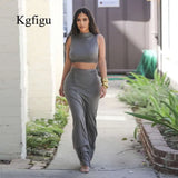 Gray Stretchy Snug Outfits Women Party Tank Tops And Long Ruched Skirts Sets Summer Two Piece Matching