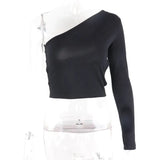 Long-sleeved oblique collar off-shoulder solid color bandage irregular hollow women's top halter T-shirt cropped top