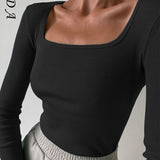 2021 Square Neck Green Long Sleeve T Shirts Women Knitted Autumn Winter Black Basic Ribber White Khaki Top Shirt Casual