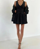 Solid V-neck Vest And Pleated Mini Skirt Set-Outfit