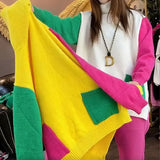 Colors Patchwork Knitted Sweaters Autumn Winter Turtleneck Female Clothing Commute Stylish Pockets Korean Loose Jumpers-Outfit
