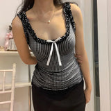 Style French Fashionable U-Shaped Collar Wood Ear Collision Bow Splicing Small Sling Pattern Slim Vest Woman-Outfit