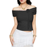 Fongt Style Sexy Lace Stitching Flower Short-Sleeve T-Shirt One-Line Shoulder Solid Color Slim Base Top-Outfit