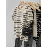 Jacquard Striped T-Shirt Women's Short-Sleeved Summer 2024 New Shoulder Blouse Retro Trend-Outfit