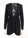 V Neck Folds Evening Mini Dresses Women Long Sleeve Solid Night Chain Office Lady Autumn Sexy Party Dress Fashion