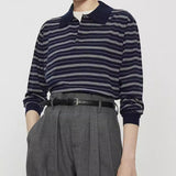 Fongt Summer New Temperament Thin Gentle And Comfortable Wash Wool Hit Striped Knitting Long-Sleeved Polo Shirt