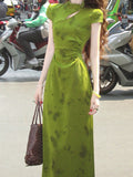 Fongt Chinese White Design Feeling Small Gentle And Comfortable Green Butterfly Flaking Cheongsam Women's Two-Color Dress