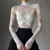 Spring And Summer New Spice Girls Perspective Lace High-Necked Long-Sleeved T-Shirt Thin Tight Short Blouse-Outfit
