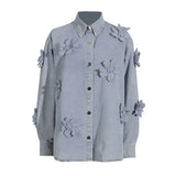 Fongt Wind Three-Dimensional Flower Jeans Top Female Summer 2024 Comfortable Casual Shirt Type Jeans Jacket Female-Outfit