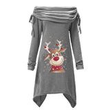 Women's Large-Size Long-Sleeved Christmas Elk Printed Pleated Collar Pleated Irregular Long Tunic-Outfit