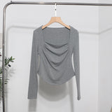 French Style Long-Sleeved T-Shirt Girl Autumn And Winter Collar Folded Folded Body Inside The Bottom Shirt Top