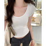 Low Round Collar Solid Color Short-Sleeved T-Shirt Women's Early Spring New U-Collar Slub Cotton Slim And Thin Bottom
