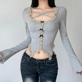 Square Collar Cross-Band Design Features Lace Stitching Pure Style Long-Sleeved T-Shirt 2023 Style-Outfit