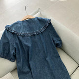 Style Summer Doll Collar Denim Dress Short Sleeves Loose Cute Midi