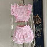 Plaid Ruffle Crop Top And Shorts Set-Outfit