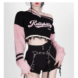 Y2k Goth Off Shoulder Crop Sweater Women Kpop Grunge Gyaru Distressed Oversize Letter Jumper Korean Style Egirl