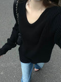 Vintage V-Neck Oversized Loose Sweater-Outfit