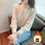 Fongt Shot Plus Velvet Winter New Sweet Standing Collar Pearl Splicing Decorative Jacket Design Sense Bubble Sleeve Shirt-Outfit