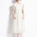 Fongt Famous Style Suit Female Lace Hook Bubble Sleeve Shirt Two Sets Of High-Rise Thin Half-Dress Skirt
