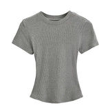 Trend Women's Wear Thread Slim Short-Sleeved T-Shirt Sexy Round Collar Solid Color Shoulder Show Thin Short Navel Blouse-Outfit