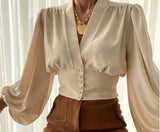 Fongt Explosion Spring New Temperament Button V-Neck Lantern Sleeve