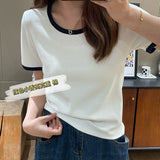 Color Threaded Round Collar Short-Sleeved T-Shirt Women's New Slim And Unique Chic Blouse In Spring And
