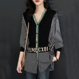Striped Patchwork Letter Blouse Fake Two Pieces Spring Autumn Elegant V-Neck Single-breasted Female Clothing Loose Shirt-Outfit